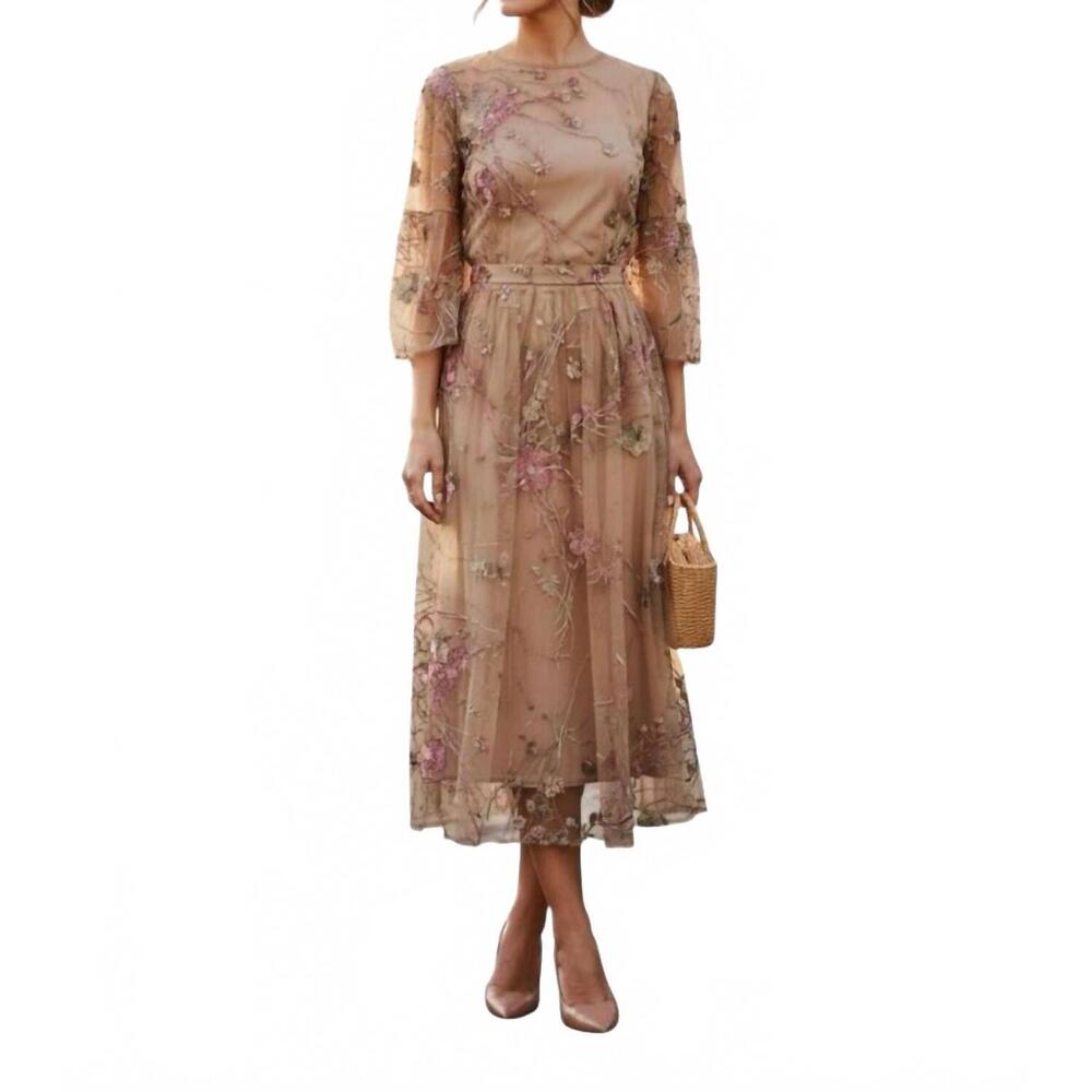 NEW BIGIO COLLECTION sheer floral embroidered midi dress in tan
